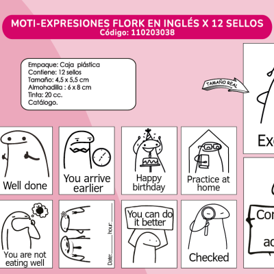 MOTI-EXPRESIONES FLORK EN INGLÉS X 12 SELLOS